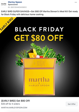 A yellow Marley Spoon meal kit box filled with fresh produce, with text promoting an $80 discount for Black Friday early bird orders.
