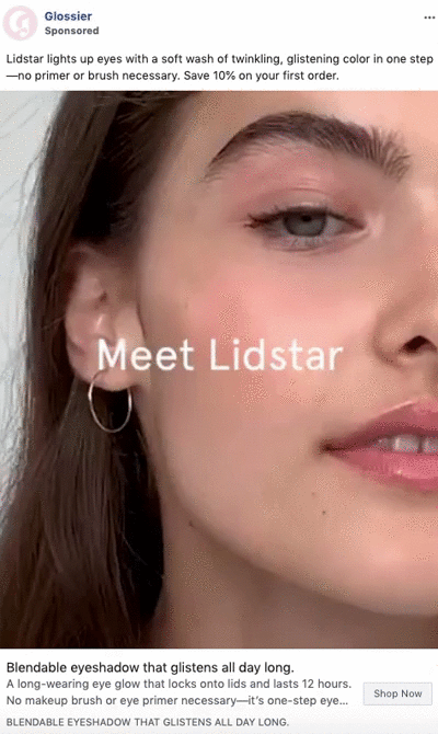 Close-up of a woman's face with natural makeup, subtle shimmery eyeshadow, and hoop earring, with text overlay reading "Meet Lidstar.