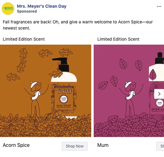 Two illustrated panels each show a person with a pump soap bottle. The left panel features "Acorn Spice," and the right features "Mum," both fall-themed scents from Mrs. Meyer's.