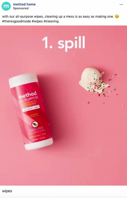 A container of Method all-purpose wipes lies next to a spilled ice cream cone with sprinkles on a pink surface. Text above reads "1. spill.