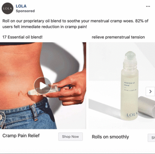 A person applies oil to their lower abdomen; next to them is a clear roll-on bottle labeled "LOLA." Text promotes the oil blend for menstrual cramp relief and mentions user satisfaction.