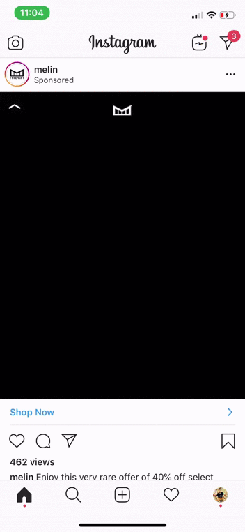 Instagram ad showing a black screen with a white crown logo in the center. Text below offers 40% off select items with a "Shop Now" button. 462 views are displayed.