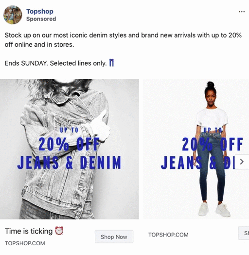 Two images advertising up to 20% off jeans and denim at Topshop, featuring a person in a denim jacket and a person in a white t-shirt and jeans.