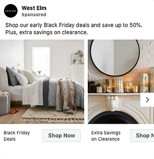 West Elm ad showing a modern bedroom with neutral bedding and a mantel decorated with candles and a round mirror, promoting Black Friday deals and clearance savings.