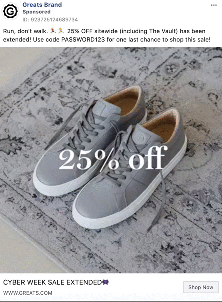 A pair of gray sneakers on a patterned rug with "25% off" text overlayed; promotion for a Cyber Week sale extension with a discount code.