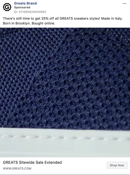 Close-up of blue knit sneaker fabric with white rubber sole, featured in an online ad for GREATS sneakers sitewide sale.