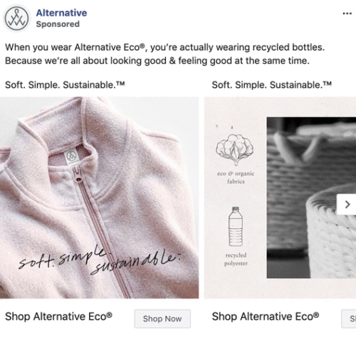 A pink zip-up jacket labeled "soft. simple. sustainable." with graphics highlighting eco and recycled materials, alongside woven baskets in the background.