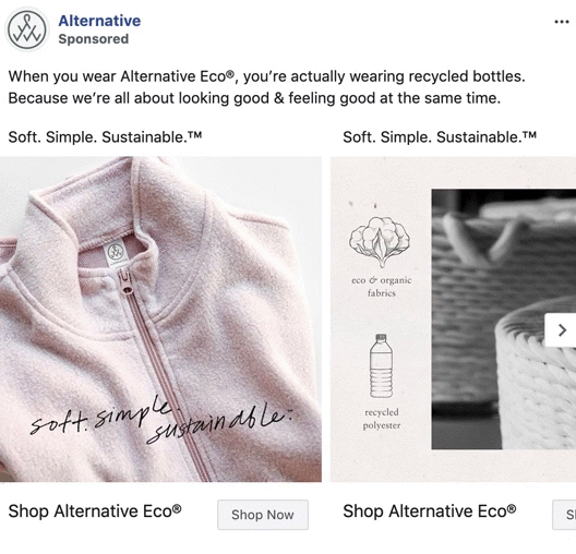 A pink zip-up jacket labeled "soft. simple. sustainable." with graphics highlighting eco and recycled materials, alongside woven baskets in the background.