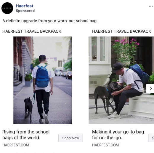 Two images show a man with a blue backpack and a dog; first walking on a city street, second sitting on steps petting the dog, used in a backpack advertisement.