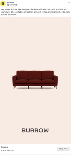 A maroon sofa with wooden legs appears and is customized with different fabrics, armrests, and finishes against a plain background. Text reads "Burrow" and "Shop Now.