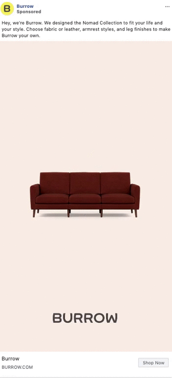 A maroon sofa with wooden legs appears and is customized with different fabrics, armrests, and finishes against a plain background. Text reads "Burrow" and "Shop Now.