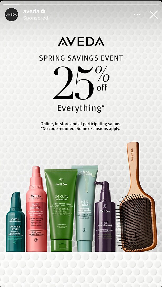 Aveda promotional image showing five haircare products and a wooden brush, advertising a spring savings event with 25% off everything.