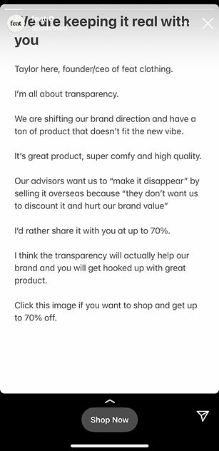 A message from the founder of feat clothing explains a shift in brand direction, offering up to 70% off select products and encouraging transparency with customers.
