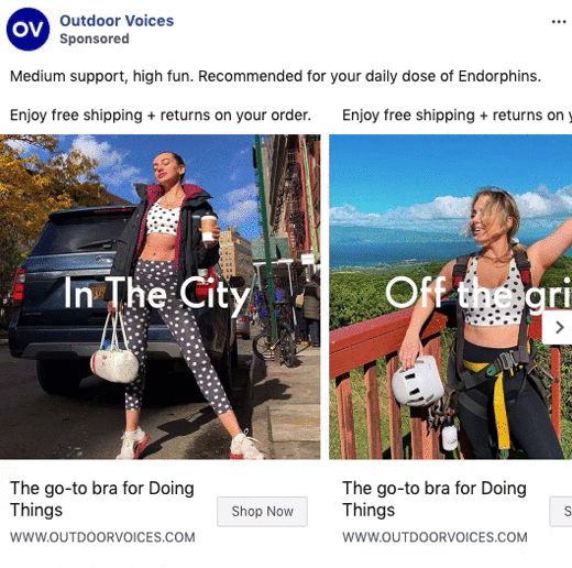 Split image ad for a sports bra: left side shows a woman in polka dot activewear with a drink on a city sidewalk; right side shows a woman in the same outfit with climbing gear outdoors.
