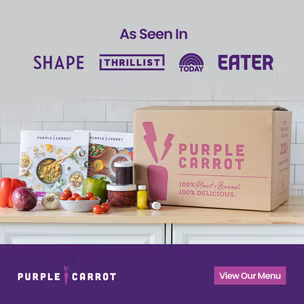 A Purple Carrot meal kit box sits on a kitchen counter with fresh vegetables and recipe cards; logos of media outlets are displayed above.