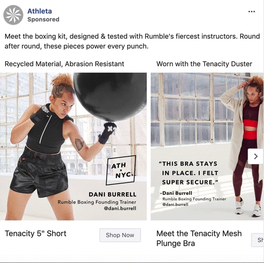 A woman punches a boxing bag while wearing athletic shorts and a sports bra. Text highlights the durability and secure fit of Athleta’s boxing kit, featuring Dani Burrell, a boxing trainer.