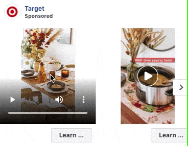 Two side-by-side sponsored Target ads feature a dining table with flowers and a kitchen counter with a pot, both with "Learn more" buttons below.