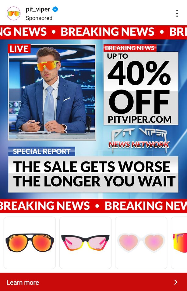 A man in a suit and reflective sunglasses sits at a news desk promoting a sale of up to 40% off at pitviper.com, with various sunglasses displayed below.