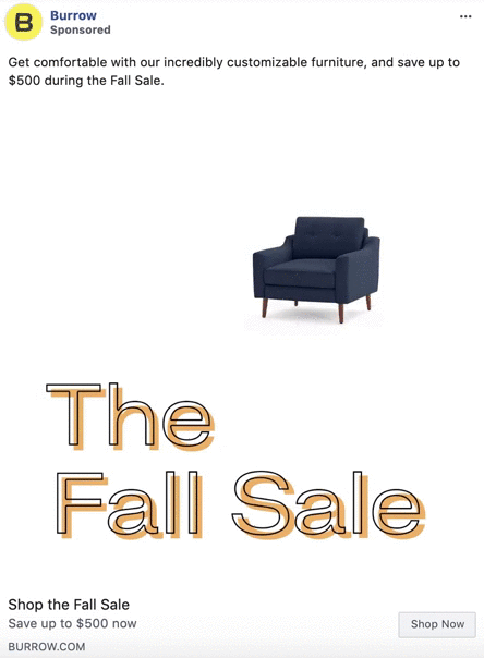 A navy armchair is displayed above large text reading "The Fall Sale." Promotional text offers up to $500 off customizable furniture from Burrow.