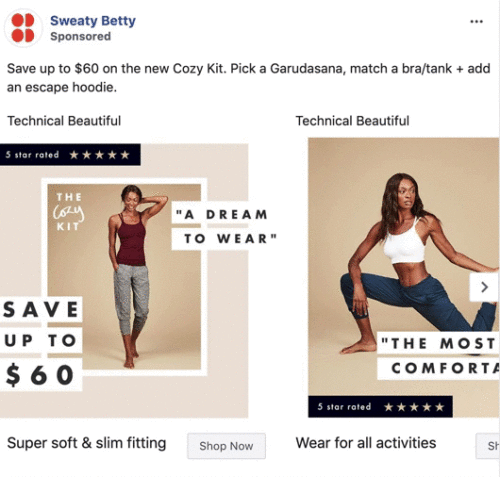 Two women model activewear from Sweaty Betty: one in a tan set with a hoodie, and one in a red bra and blue pants, promoting comfort and savings up to $60 on Cozy Kit.