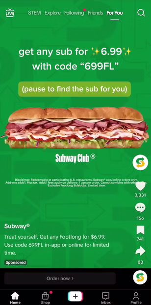 A Subway ad on a mobile app screen shows a sandwich and text offering any sub for $6.99 with code "699FL." The Subway logo and app interface elements are visible.
