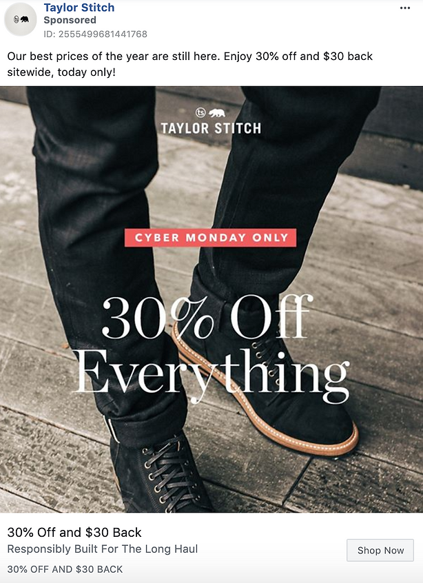 A person wearing black pants and black shoes stands on a light floor; overlaid text reads "30% Off Everything" and "Cyber Monday Only.