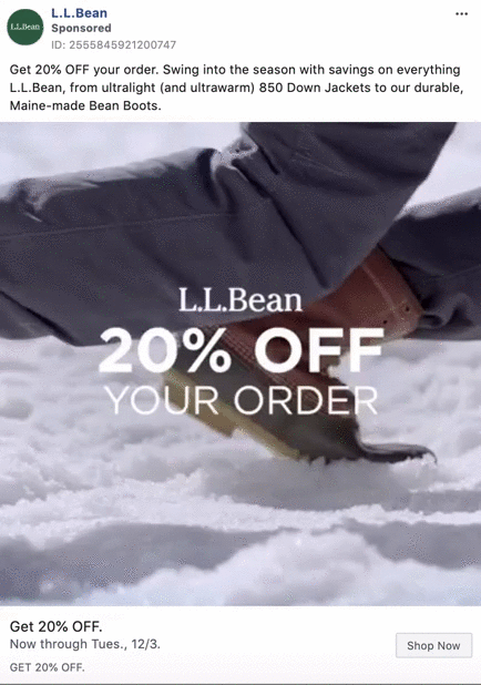 A person wearing L.L.Bean Bean Boots steps in the snow. Overlaid text reads: "L.L.Bean 20% OFF YOUR ORDER.