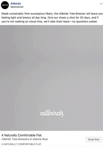 Gray minimalist ad with "allbirds" logo centered, promoting Allbirds Tree Breezer shoes; includes text about comfort, sustainable materials, and a 30-day return policy.