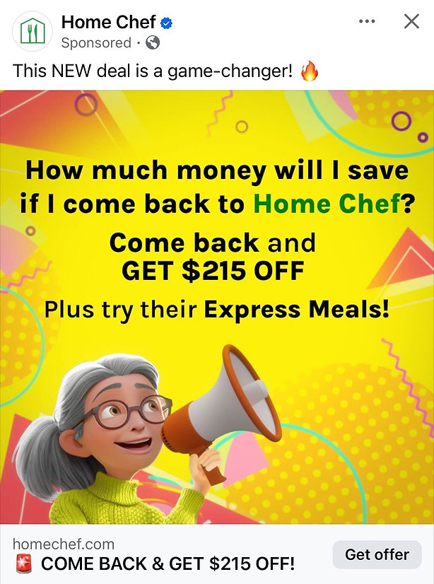 Animated elderly woman smiling and giving a thumbs up, with text promoting $215 off Home Chef and express meal options on a yellow background.