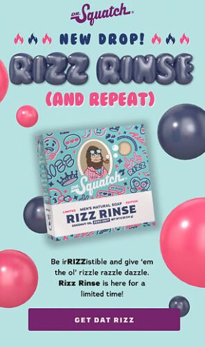 Promotional image for Dr. Squatch’s new “Rizz Rinse” men’s natural soap, featuring colorful graphics and text announcing the product launch.