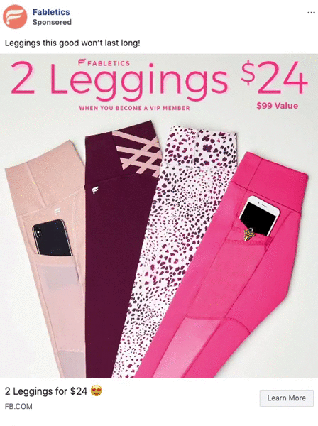 Four pairs of pink and patterned Fabletics leggings with side pockets, each holding a phone, displayed on a light background. Text advertises "2 Leggings for $24" deal.
