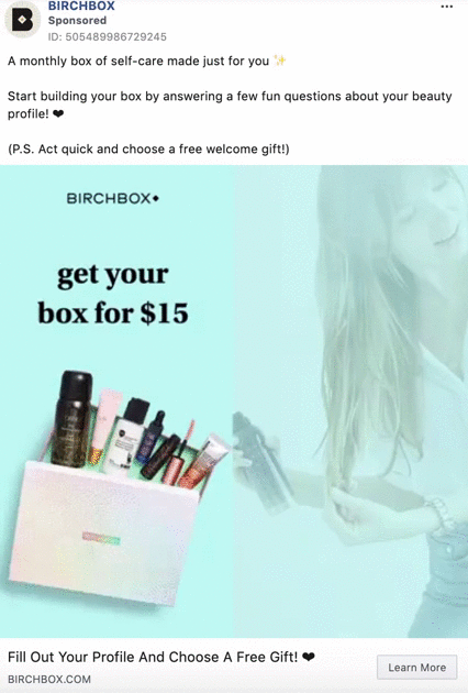 A promotional image for Birchbox advertises a self-care box for $15, displaying beauty products and a pastel box with text encouraging users to fill out a profile and choose a free gift.
