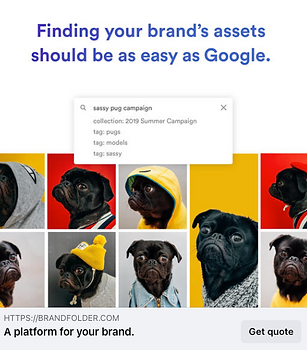 A search bar with the phrase "sassy pug campaign" is shown above a collage of pugs dressed in various outfits, promoting brand asset organization.