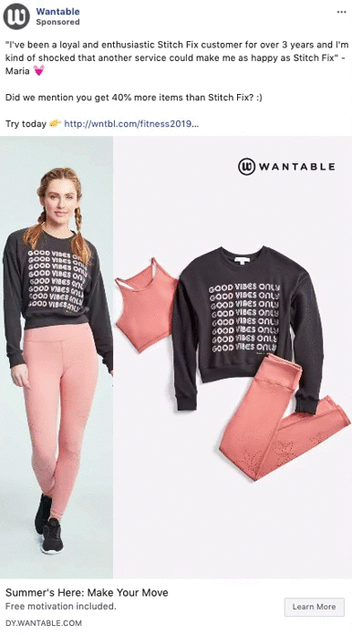 Woman wearing pink leggings and a black "Good Vibes Only" sweatshirt stands beside a flat lay of the same outfit, including matching pink sports bra, promoting Wantable activewear.