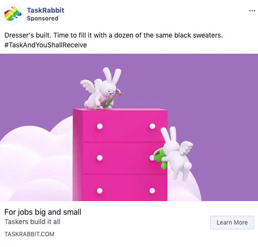 Two cartoon bunnies stand on and next to a pink dresser, with clouds in the background, promoting TaskRabbit's furniture assembly service.