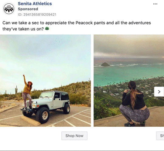 Two images: One shows a woman sitting on a Jeep with her hand raised; the other shows her squatting on a hilltop, overlooking the ocean, both wearing patterned pants.