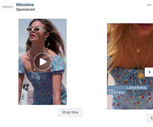 A woman in a blue floral dress and sunglasses poses outdoors, wearing layered gold necklaces. Text reads "SUMMER LAYERING SORTED" and "Shop Now." Missoma logo appears at the top.