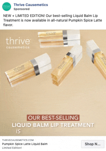 Four tubes of Thrive Causemetics Liquid Balm Lip Treatment are arranged on a beige background, promoting the Pumpkin Spice Latte limited edition flavor.