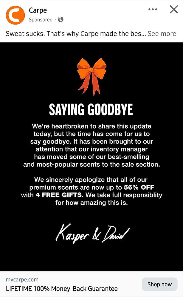 A Carpe social media post announces their premium scents are being discontinued, offering 50% off with four free gifts, and includes an apology from the founders.