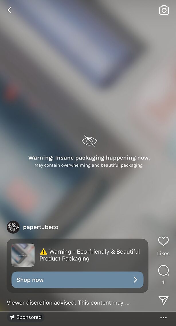 A blurred background with a centered text reads, “Warning: Insane packaging happening now. May contain overwhelming and beautiful packaging.” An eco-friendly packaging ad is at the bottom.