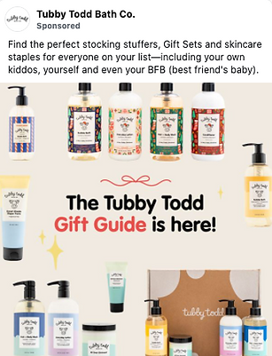 A variety of Tubby Todd Bath Co. skincare products and gift sets are displayed with text promoting a gift guide for stocking stuffers and gift ideas.