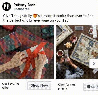 Hands wrapping a gift box with red ribbon on the left; two people playing a board game with drinks and snacks on the right. Pottery Barn holiday gift ad.