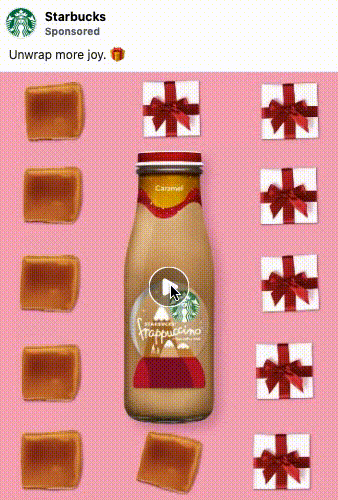 A bottle of Starbucks caramel Frappuccino is centered on a pink background, surrounded by caramel candies on the left and gift boxes with red bows on the right.