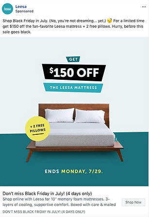 A promotional ad for Leesa mattress offering $150 off and two free pillows, featuring a mattress on a wooden bed frame with a sale ending on Monday, July 29.