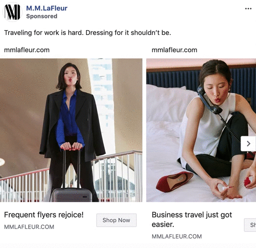 Two images of a woman wearing business attire: one standing with a blazer and suitcase, the other sitting on a bed multitasking with a phone and laptop.