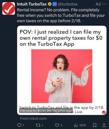 A woman looks surprised while holding a phone against a pink background. Text promotes filing rental property taxes for free with TurboTax when switching before 2/18.