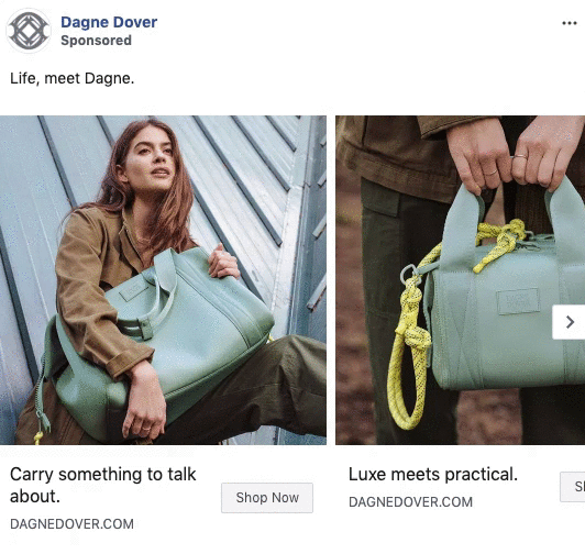 A woman sits holding a large mint green duffel bag; a close-up shows the bag’s details and yellow rope handle.
