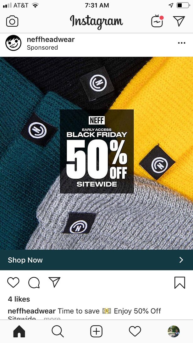 Promotional image showing Neff beanies in green, yellow, and gray with a banner reading "Black Friday 50% Off Sitewide.
