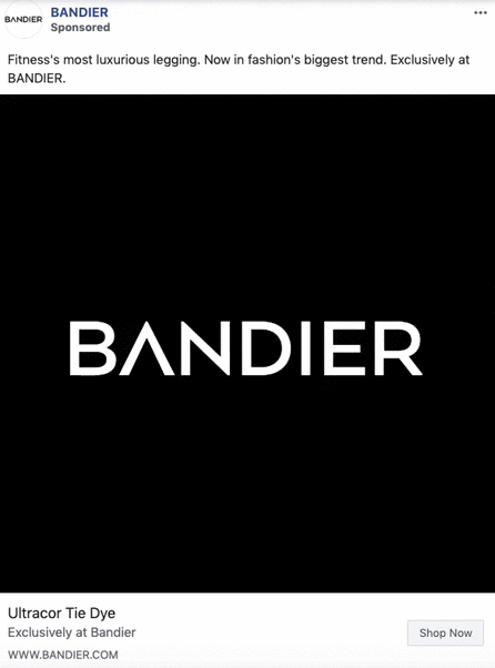 Black background with the word "BANDIER" in bold white letters centered; text above promotes luxurious leggings, and text below highlights "Ultracor Tie Dye.