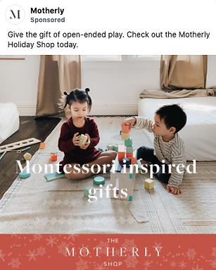 Two young children sit on the floor building a colorful block tower in a bright, cozy room. Text reads: "Montessori-inspired gifts. The Motherly Shop.